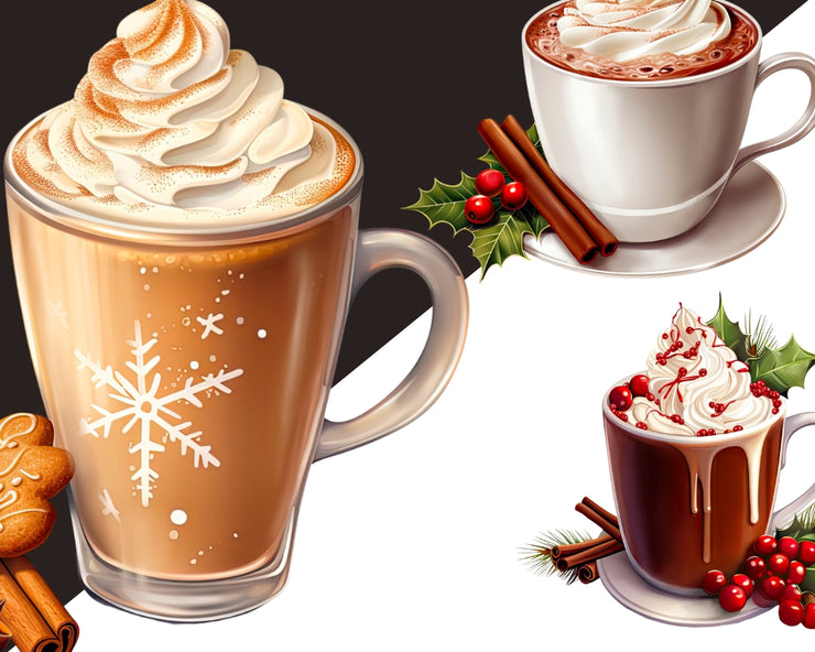 Christmas Coffee PNG Clipart, Winter Drinks Clipart Bundle, Coffee, Hot Chocolate, Ceremonial Cacao