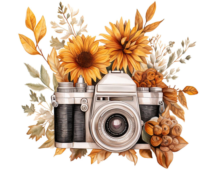 Watercolor Vintage Camera with Flowers PNG, Floral Camera
