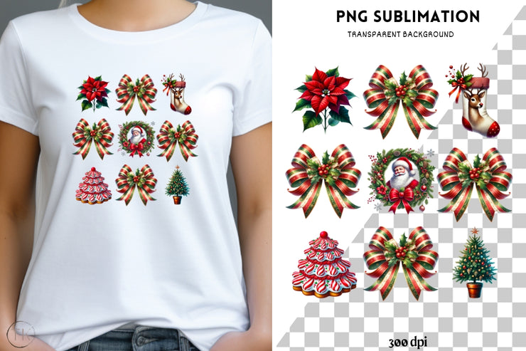 Preppy Coquette Christmas PNG | Red Green Bow Design for Holiday T-Shirts, Custom Sublimation & Transparent Art