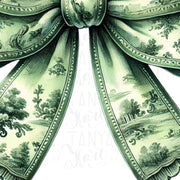 Green Coquette Bow PNG | Grandmillennial Watercolor & Toile de Jouy Chinoiserie for Christmas Sublimation Designs