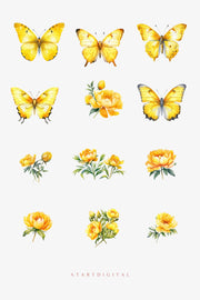 Yellow Peonies, Watercolor Flowers & Butterfly, Scrapbooking Paper