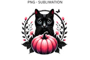 Black Cat with Pink Pumpkin PNG, Halloween Art, Gothic Cat, Pumpkin Halloween, Spooky Design, Horror Halloween Black Cat, Sublimation Ready