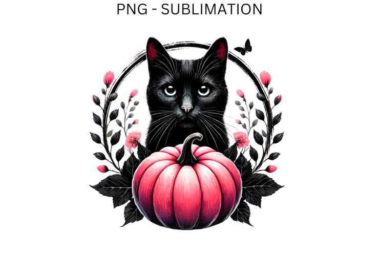 Black Cat with Pink Pumpkin PNG, Halloween Art, Gothic Cat, Pumpkin Halloween, Spooky Design, Horror Halloween Black Cat, Sublimation Ready