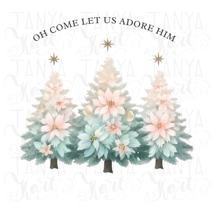 Oh Come Let Us Adore Him, Christmas Tree Design, Christian Christmas Bible Verse PNG, Religious Christmas for Girly Sublimation Download