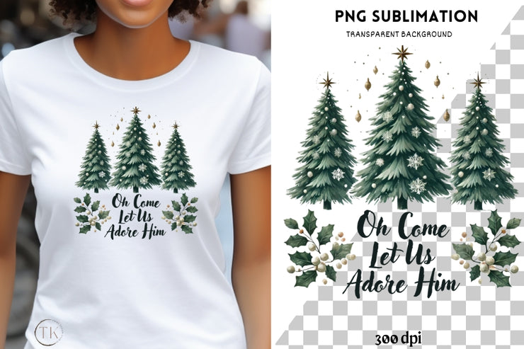 Christian Christmas Quote PNG | Coquette Bow & Bible Verse "Oh Come Let Us Adore Him" for Sublimation & Holiday Art