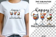 Happy Hallothanksmas, Sublimation Designs, Wine Glasses, Thankful, Transparent Design, Cards & Shirts, Holiday PNG, Christmas, Thanksgiving