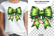 Green Coquette Bow with Christmas Lights PNG | Merry Christmas Sublimation Design for T-Shirts & Digital Crafting