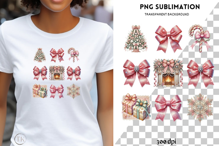 Pink Christmas Coquette Bow PNG | Preppy Holiday Design for Custom Christmas T-Shirts & Transparent Digital Art