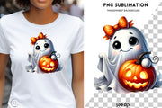 Vintage Halloween Ghost with Pumpkin Sublimation Design, Spooky Season Digital Fall PNG, Cute Ghost & Pumpkin, Coquette Bow Autumn Shirt