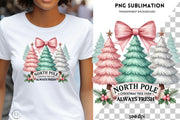 North Pole  PNG, Coquette Pink Bow PNG, Trendy Christmas Shirt Design, Watercolor Bow, Retro Christmas Tree & Sublimation, Girly Christmas