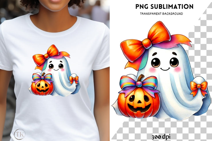 Coquette Ghost & Pumpkin Spice PNG, Autumn Shirt Design, Vintage Halloween Ghost, Fall Pumpkin, Cute PNG Digital Art Print