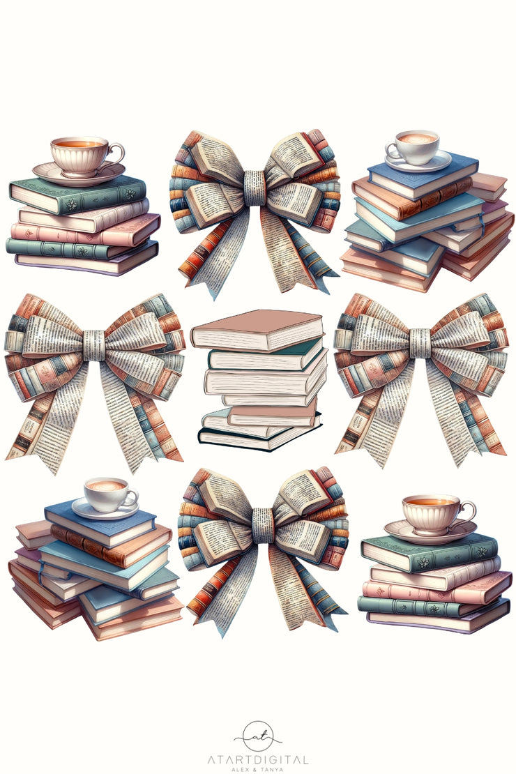 Books and Bows PNG, Coquette Bookish Aesthetic for Bookworm, Booktrovert Stickers, Digital Downloads, Preppy Bookish Design