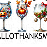 Happy Hallothanksmas, Sublimation Designs, Wine Glasses, Thankful, Transparent Design, Cards & Shirts, Holiday PNG, Christmas, Thanksgiving