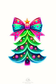 Neon Christmas Tree PNG, Pink Brushstroke & Coquette Bow for Trendy Girly Christmas Shirt Designs, Christmas Coquette, Sublimation