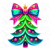 Neon Christmas Tree PNG, Pink Brushstroke & Coquette Bow for Trendy Girly Christmas Shirt Designs, Christmas Coquette, Sublimation