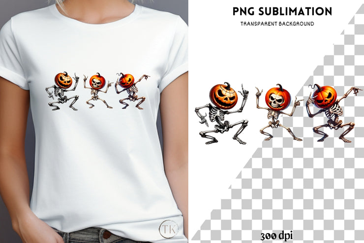 Dancing Skeletons & Pumpkin Head PNG, Spooky Halloween Decor, Retro Halloween Fun, Pumpkin Skull Sublimation Instant Download