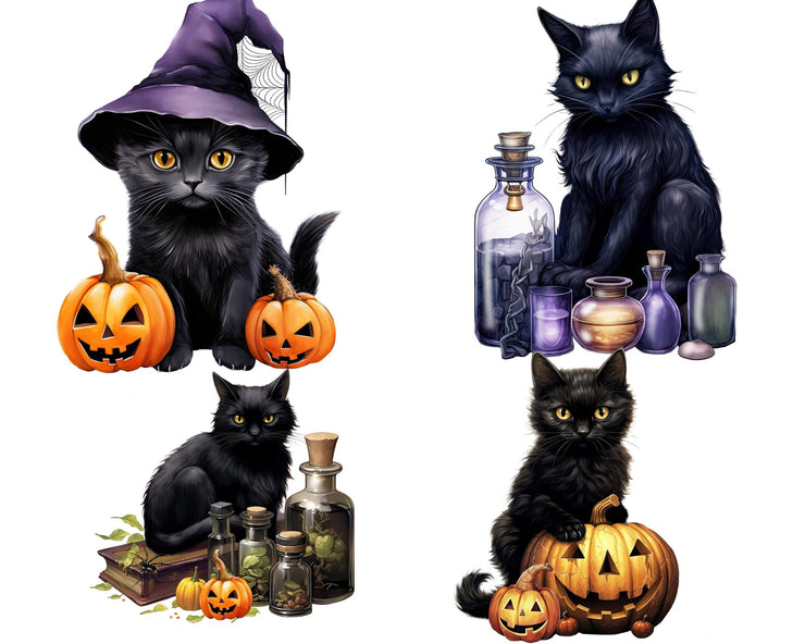 Halloween Black Cats Digital Download Clipart: Witch Cats Designs for Sublimation, for Shirts, Transfers, Junk Journals, Mystical Png Cats