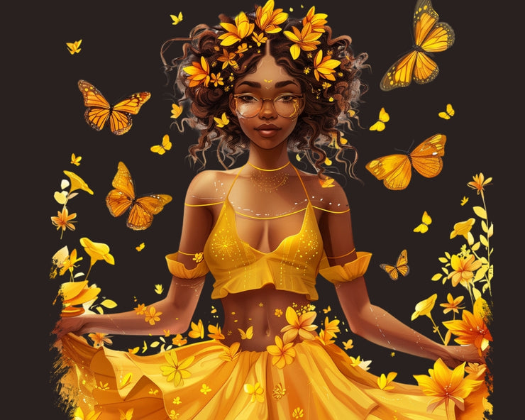 Yellow Fiery Black Girl Clipart, Yellow Butterfly Clipart