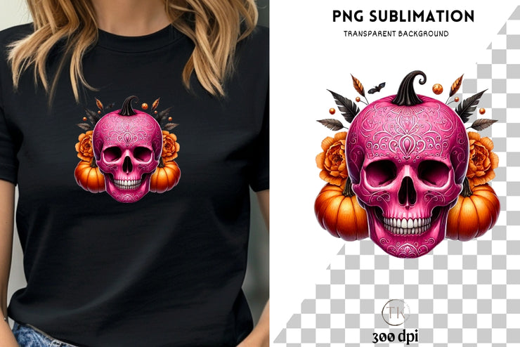 Pink Skull Pumpkin Halloween PNG, Spooky Season Graphic, Gothic Halloween Pink Skull, DIY Projects, Sublimation Graphic, Horror Seasonal