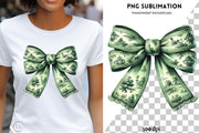 Green Coquette Bow PNG | Grandmillennial Watercolor & Toile de Jouy Chinoiserie for Christmas Sublimation Designs