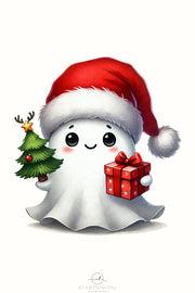 Cute Christmas Ghost PNG, Retro Ghost with Christmas Tree & Gifts for Trendy Holiday Sublimation Designs, Christmas Vibes, Holiday Hoodie