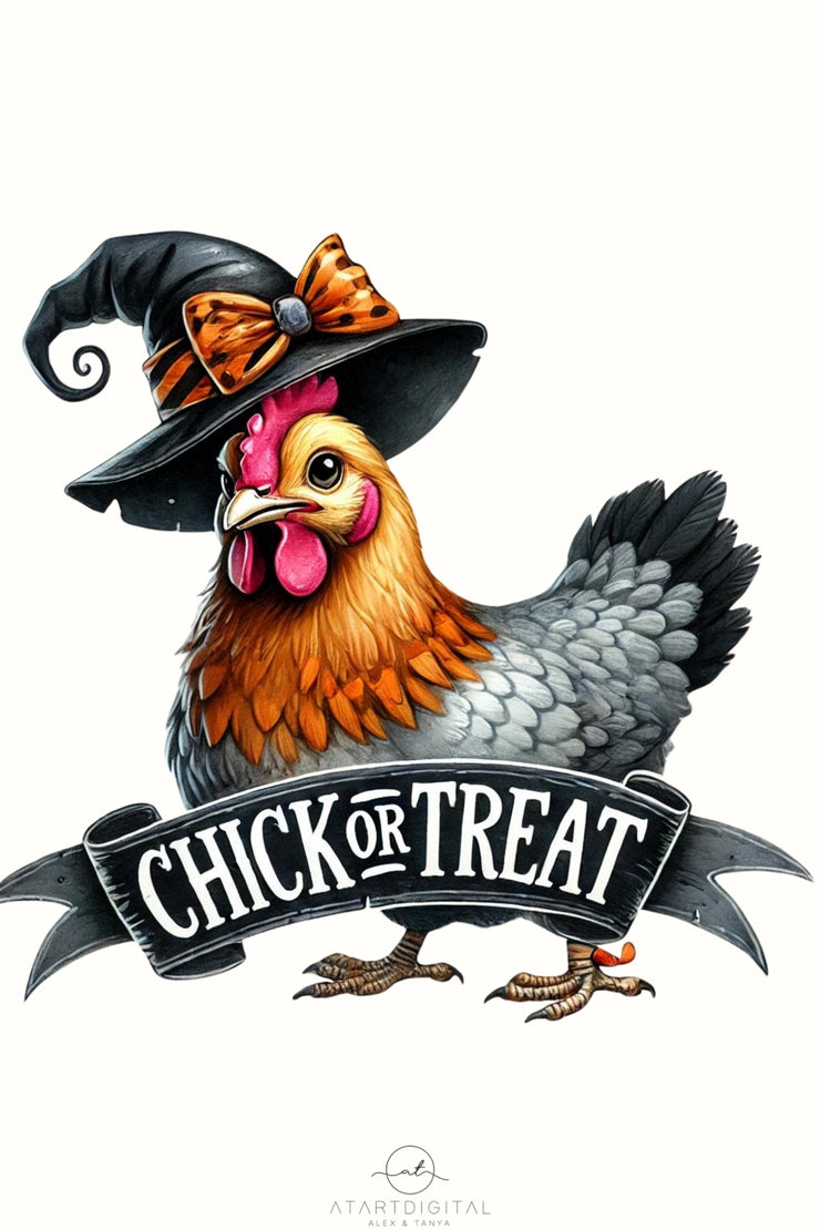 Chick or Treat PNG, Funny Halloween Chicken Sublimation Design for T-Shirts & Farmhouse Halloween Digital Downloads, Funny Chicken Lover PNG