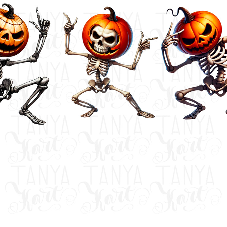 Dancing Skeletons & Pumpkin Head PNG, Spooky Halloween Decor, Retro Halloween Fun, Pumpkin Skull Sublimation Instant Download