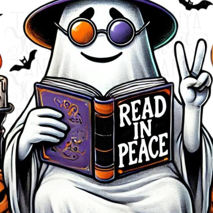 Read in Peace Ghost PNG, Sublimation for Halloween Shirts, Book Lover Designs & DTF Digital Downloads, Ghost Reading Books, Transparent PNG