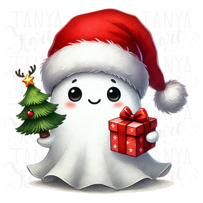 Cute Christmas Ghost PNG, Retro Ghost with Christmas Tree & Gifts for Trendy Holiday Sublimation Designs, Christmas Vibes, Holiday Hoodie