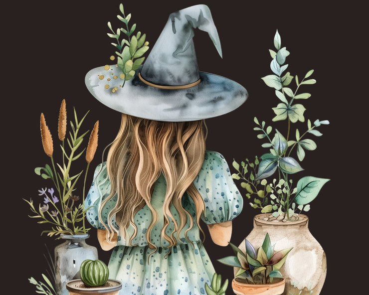 Watercolor Green Witch Clipart Bundle, Instant Download Digital Ephemera, Witchy Stickers, Plants Set, Flowers, Mushroom PNG, Fantasy