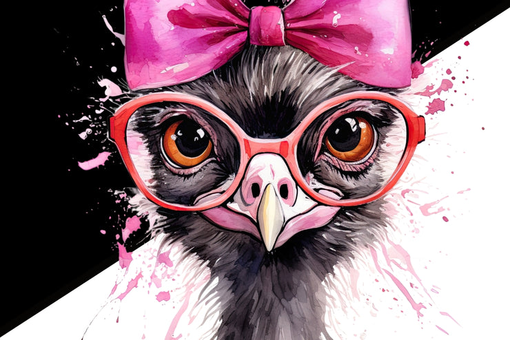 Funny Ostrich PNG with Pink Bow & Glasses