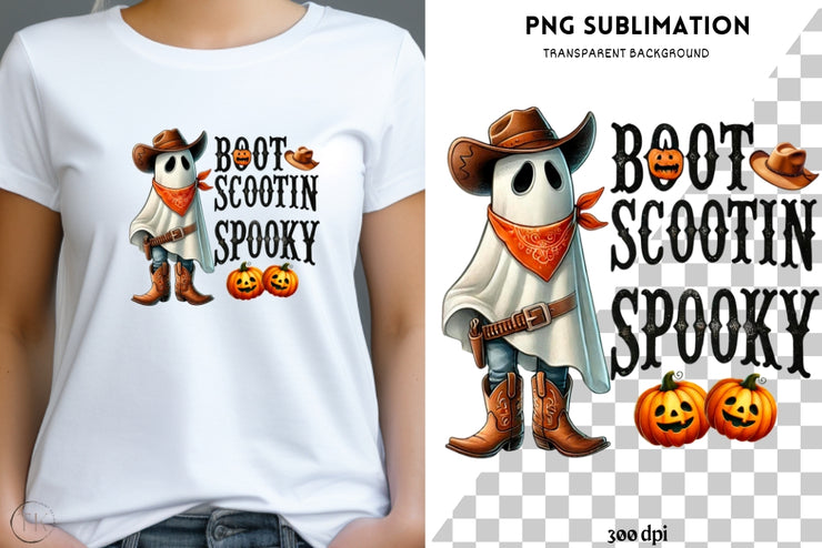 Boot Scootin' Spooky for Sweatshirt, Wild West Halloween Design, Country Western Ghost PNG, Ready-to-Press, Halloween Graphic, Cowboy Ghost