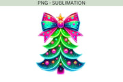 Neon Christmas Tree PNG, Pink Brushstroke & Coquette Bow for Trendy Girly Christmas Shirt Designs, Christmas Coquette, Sublimation