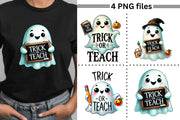 Trick or Teach PNG Digital Download Set, Cute Ghost Designs for Sublimation & Print on Demand, Digital Crafting, Funny Transparent Designs