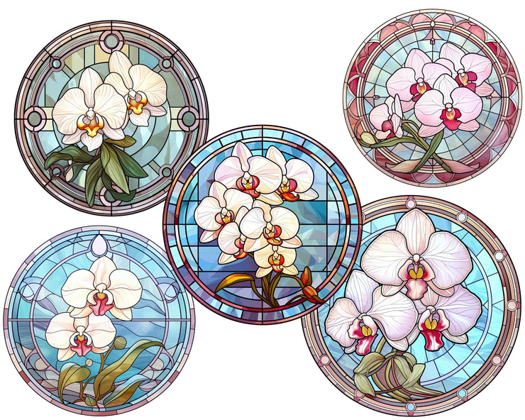 Pink White Orchids Stained Glass Flowers PNG Clipart
