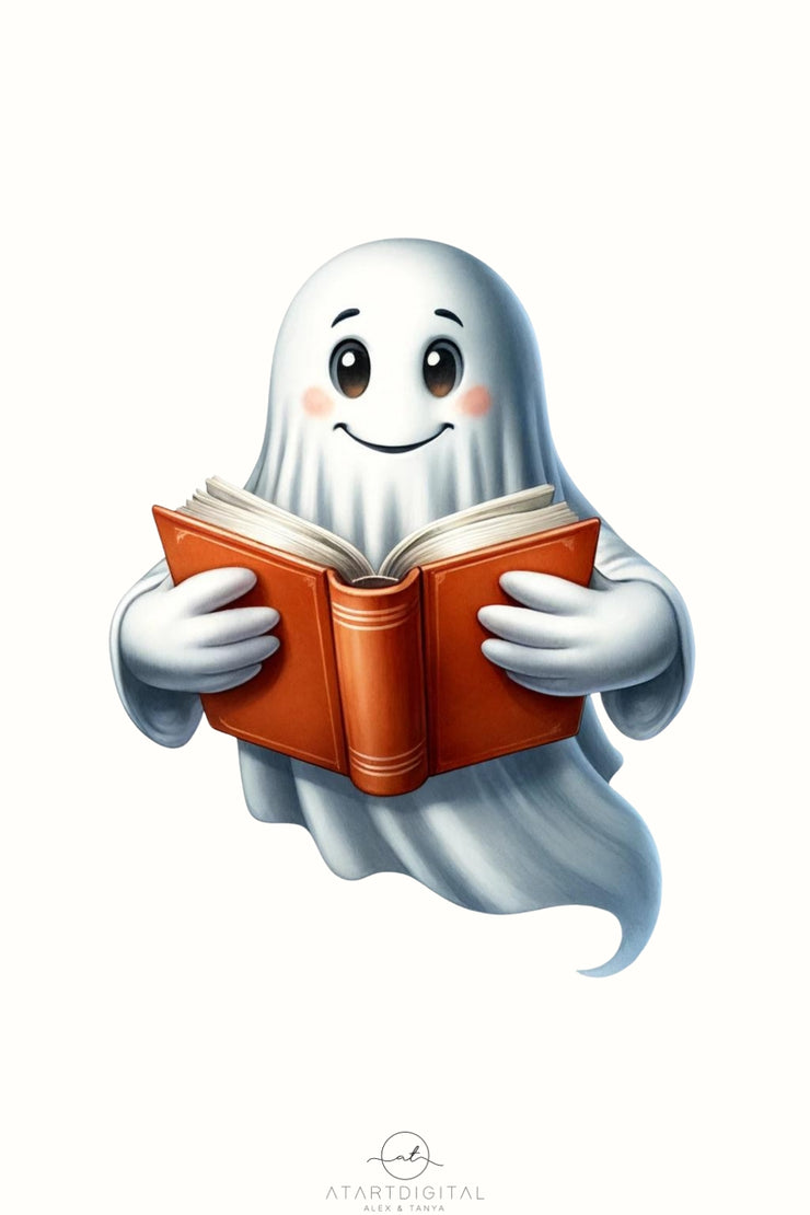 Ghost Reading Book PNG, Trendy Halloween Sublimation, Retro Cute Ghost for Digital Crafting & Stickers, Bookish Ghost, Transparent Downloads