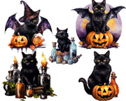 Halloween Black Cats Digital Download Clipart: Witch Cats Designs for Sublimation, for Shirts, Transfers, Junk Journals, Mystical Png Cats