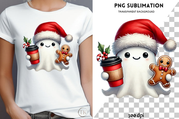 Cute Christmas Ghost PNG | Retro Ghost with Gingerbread Man & Coffee Cup for Trendy Holiday Sublimation