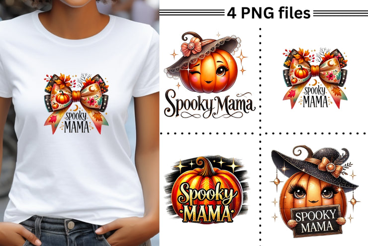 Spooky Mama, Retro PNG Bundle for Sublimation Designs, Girly Pumpkin PNG Set, Coquette Bow & Pumpkin Shirt, Fall Themed