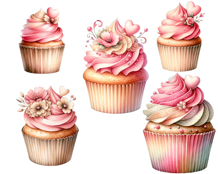 Watercolor Valentine's Day Cupcakes Clipart, Dessert Love Clipart