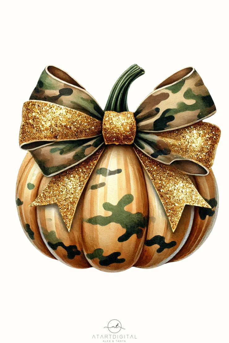 Camo Pumpkin PNG, Coquette Bow & Cute Fall Pumpkin Sublimation Design for Girls’ Fall Crafting, Camouflage Bow for Trendy Autumn Crafting