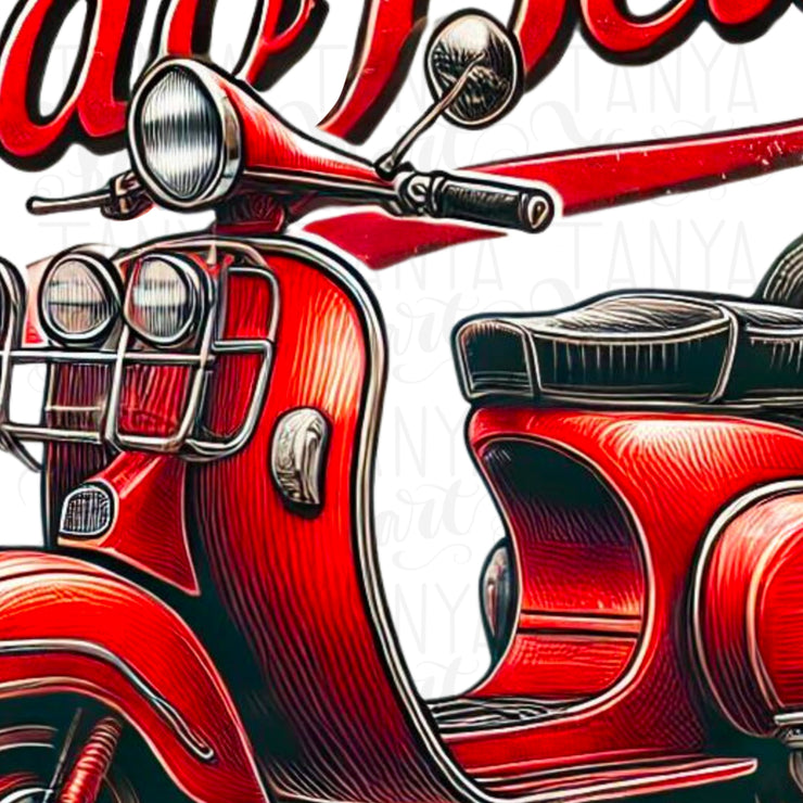 Italian Digital Print PNG | Red Scooter & Ciao Bella Art for T-Shirt Designs, Card Making & Digital Downloads