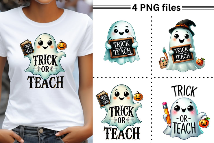 Trick or Teach PNG Digital Download Set, Cute Ghost Designs for Sublimation & Print on Demand, Digital Crafting, Funny Transparent Designs