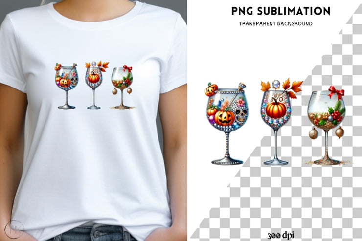 Fall Wine Glasses PNG, Mulled Wine and Thanksgiving Sublimation Design, Warm Autumn Drinks Printable for Digital Download