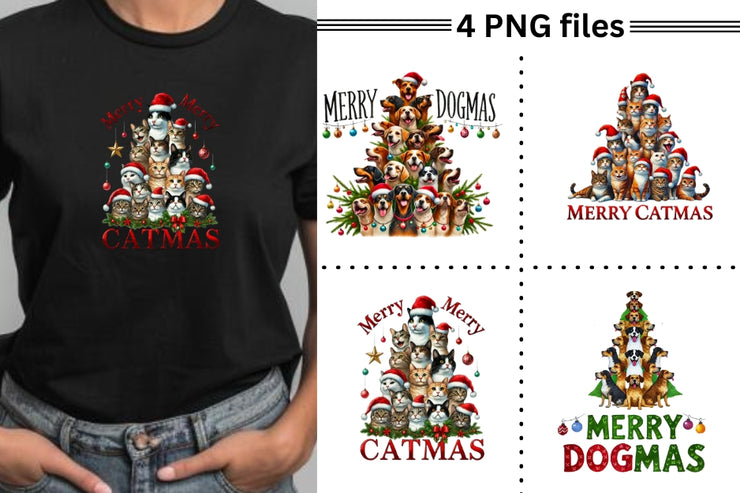 Merry Dogmas & Catmas PNG, Funny Pet Christmas PNG Set, Festive Animal PNG Bundle, Christmas Sublimation Designs, Holiday Digital Prints