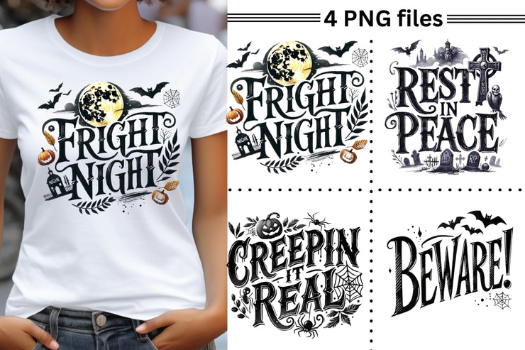 Halloween Quotes PNG Bundle, Fright Night Sublimation Design, Print on Demand, Creepin it Real, Beware PNG, Digital Downloads, Rest in Peace