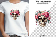 Watercolor Skull & Pink Flowers Sublimation File, Gothic Skull PNG, Instant Download, Floral Skull Transparent Design for Crafting