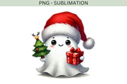 Cute Christmas Ghost PNG, Retro Ghost with Christmas Tree & Gifts for Trendy Holiday Sublimation Designs, Christmas Vibes, Holiday Hoodie