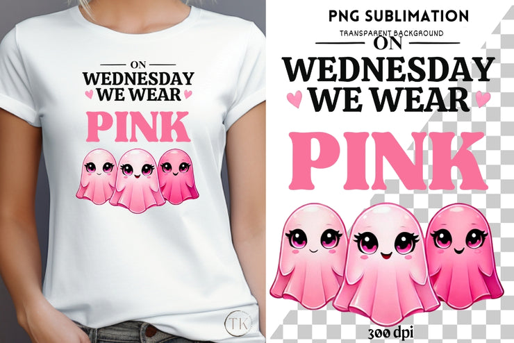 On Wednesday We Wear Pink, October Cancer Awareness PNG, Cute Pink Ghost Digital Print, Pink Halloween Ghost, Sublimation Design for Tshirts