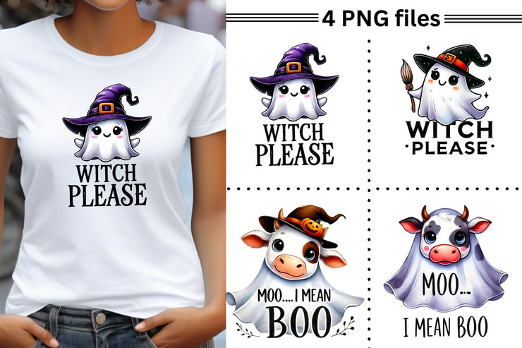 Retro Halloween Ghost PNG Sublimation Design Set, Cute Ghosts Clipart, Print on Demand, Ghost Shirt Design, Witch Please, Digital Files